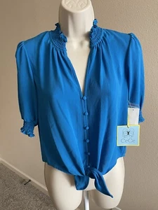 Cece Damen Bluse blau V-Ausschnitt Knopfleiste vorne Knoten Kurzarm Gr. XS - Bild 1 von 9