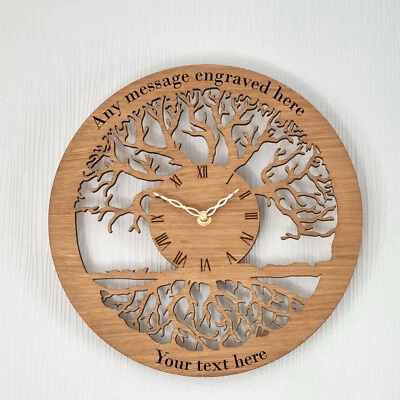 Personalised Oak Wooden Wall Clock Tree Of Life Silent NonTicking Numerals  - Image 1 of 3