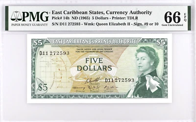 ESTADOS DEL CARIBE ORIENTAL ND (1965) $5, P-14h, PMG GEMA SIN CIRCULAR. 66 EPQ Foto 1 de 2