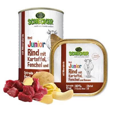 Schecker Hundemenü Junior mit 80 % Rind mit Kartoffel Fenchel und Banane 12x200g - Bild 1 von 4