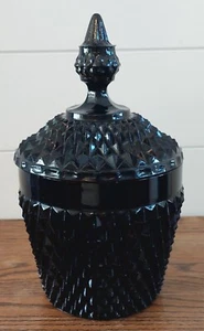 Vtg Indiana Glass Diamond Point Tiara 10" lidded black cameo glass ice bucket - Picture 1 of 19