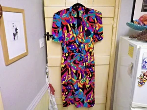 VINTAGE DAMEN POP ART KLEID VON GINA BACCONI MEHRFARBIG & GÜRTEL - Bild 1 von 9
