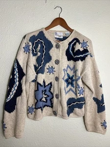 Vintage Segrets Sun Prints Hand Knit Womens Medium Floral White Blue Cardigan - Picture 1 of 22