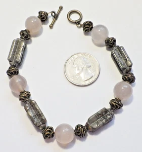 Vintage Messing/Rosenquarz/geschnitztes Bild Jaspis Perlenarmband 9,5" Knebelverschluss - Bild 1 von 4