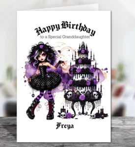 Personalised Purple & Black Gothic Girl and Cake Birthday Card - Choose Size - Picture 1 of 3
