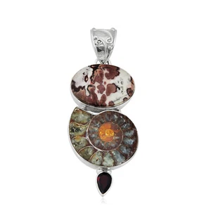 Sterling Silver  925 Ammonite , Garnet and Jasper jewelry Pendant - Picture 1 of 4