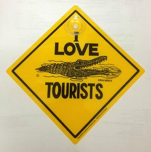 Schild Touristen Reisebüro Hotel Pension Ferienort Krokodil I LOVE TOURISTS 12cm - Picture 1 of 1