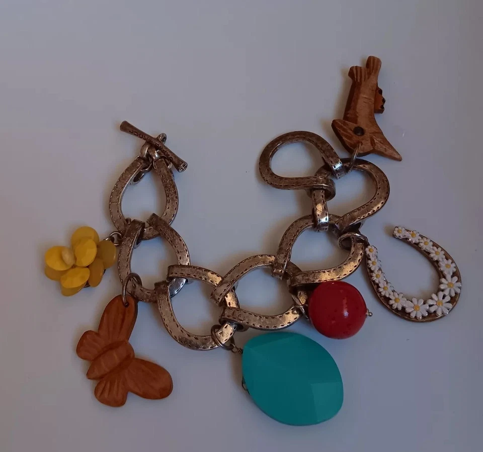 Lucky Brand Signed Silver Tone Horseshoe Shape Links Wood Acrylic Charm Bracelet - Image 1 of 4
