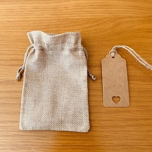 Small Drawstring Burlap Jute Hessian Pouch Bags Wedding Favour Heart Gift Tag - Picture 1 of 6