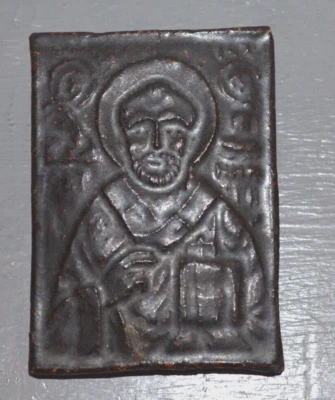 Ancienne Icone de Voyage ou Médaillon Orthodoxe en Céramique Peint - Photo 1/4