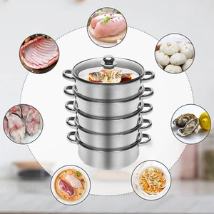 5 Tier Stainless Steel Steamer Cooker Steam Pot Kitchen Food Cooking + Glass lid - Picture 1 of 23