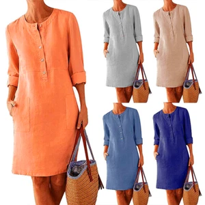women cotton and linen shirt dress long sleeve casual loose dress with two pocke - Picture 1 of 18
