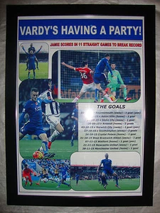Jamie Vardy scores in 11 games for Leicester City - 2015 - framed print - Picture 1 of 2