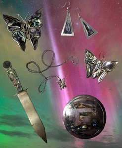 Vintage 6 Stück Abalone Konvolut! Sterling .925 & Alpaka Silber Brosche Ohrringe Schmetterling - Bild 1 von 7