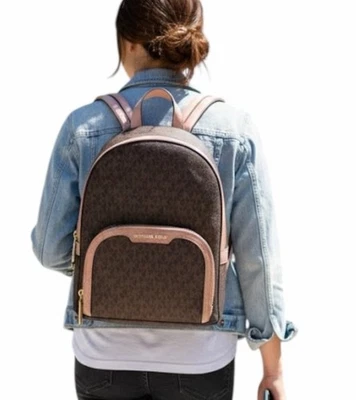Michael Kors Jaycee Medium Zip Pocket Backpack Bag  MK Logo Brown Powder Blush - Image 1 of 4