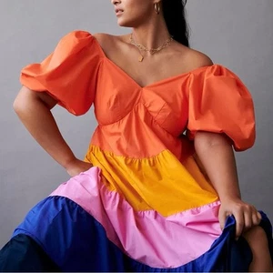 NUEVO Maxi Vestido Farm Rio x Anthropologie en Niveles Bloqueo de Colores (Talla L Pequeño) - Imagen 1 de 16