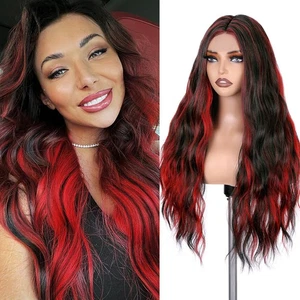 Rot-Schwarz Perücke Lang Synthetik Rot Perücke Natur Wellig Wig für Schwarze Damen Dar... - Bild 1 von 9