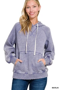 Zenana Acid Wash Fleece Womens Hoodie with Kangaroo Pocket - Picture 1 of 4