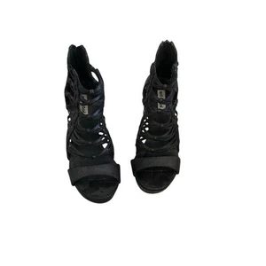 Black Cage Gladiator Wedge Heels Strappy Open Toe Shoes - Picture 1 of 9