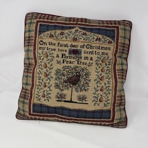 Vintage Tapestry Front Pillow. Christmas 12 Days Partridge Pear Tree 17x17 - Picture 1 of 3