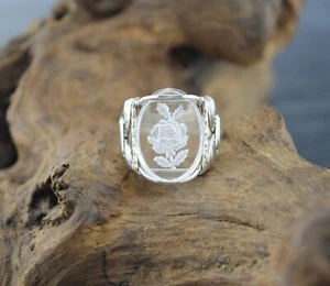 Sterling Silver Etched Rose Glass Cabochon Wire Wrapped Ring - Picture 1 of 6