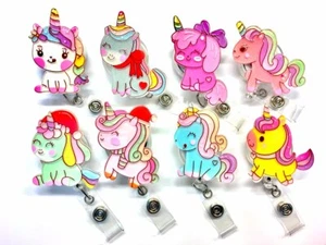 Lindo carrete de identificación retráctil de personaje de dibujos animados unicornio / etiqueta de nombre - Imagen 1 de 4