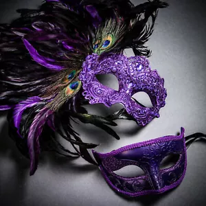 Lila Seite Feder venezianisch Halloween Maskerade Ball Paar Augen Party Maske - Bild 1 von 5
