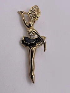 Ballerina Brooch Pin Gold Tone Umbrella Rhinestones Black Enamel New Old Stock - Picture 1 of 3
