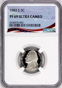 1983-S Proof Jefferson Nickel, Graded PF69UC NGC * OSR Sales Patriotic Label - Picture 1 of 4