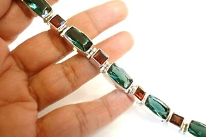 Red Garnet Green Quartz Tennis 925 Sterling Silver Bracelet - Picture 1 of 7
