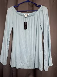 White House Black Market Sea Angel Blue Long Bell Sleeve Off Shoulder Shirt Top - Picture 1 of 7