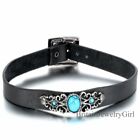 Women's Retro Gothic Black Leather Choker Faux Turquoise Buckle Collar Necklace