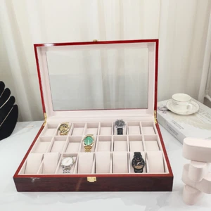 1x Caoba Red Glass Top 24 Slots Watch Box Ebony Wood Watch Display Case - Imagen 1 de 6