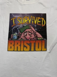 I Survived Bristol T-Shirt Medium White Cartoon Graphic Racing Tee Gildan Cotton - Picture 1 of 5
