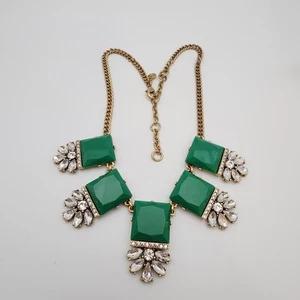 J. Crew Emerald Green Bib Necklace 16" Rhinestone Square Statement Antiqued Gold - Picture 1 of 7