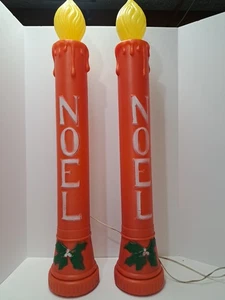 2 Vintage Blow Mold Noel Christmas Candles 36" Yellow Flame Tops, Holly - Picture 1 of 10