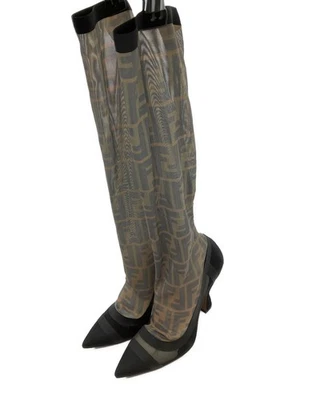 芬迪长靴鞋 FF Zucca EU 38 US 8 黑色 正品 — 第 1/4 张图片