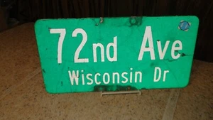 Vintage ROAD STREET Sign 72Th Ave WISCONSIN DR Retired 9" x 18" Metal MANCAVE EE - Picture 1 of 3
