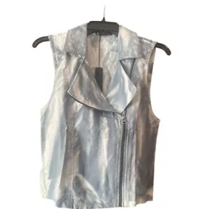 Krisa Silver Metallic Linen Tie Dye Moto Vest Asymmetrical Zip Front Size M - Picture 1 of 6