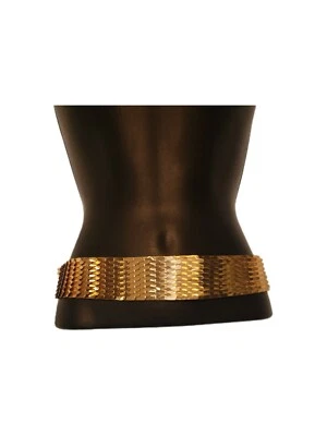 Vtg Stretch Fish Scale Disco Belt Gold Metal and Black Lining Articulated 24"  - Image 1 of 4
