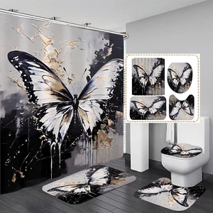 4 Pcs Black Butterfly Shower Curtain Set with Rugs Grey and Gold Bathroom Set Mo - Picture 1 of 6