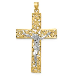 Real 14kt Two-tone Diamond-cut Crucifix Pendant - Picture 1 of 6
