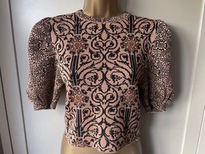Zara Jacquard Top Puff Sleeve Crop Gold Lurex Floral Baroque Jumper size S - Picture 1 of 9