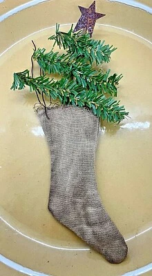 Primitive Christmas Rustic Mini Prairie  Stocking w/Prim tree Ornament 5”x8" - Image 1 of 4