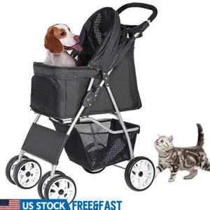 Foldable Pet Stroller For Dogs Cats 4 Wheel Carrier W/ Storage Basket Cup Holder - Picture 1 of 7