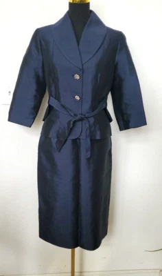 New Sharagano Dark Blue Silk Blend Belted 2Pc Skirt Suit Size 8 $129 - Image 1 of 4