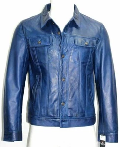 Men's Blue Genuine Lambskin Leather Trucker Jacket Biker Denim Shirt Style - Picture 1 of 10