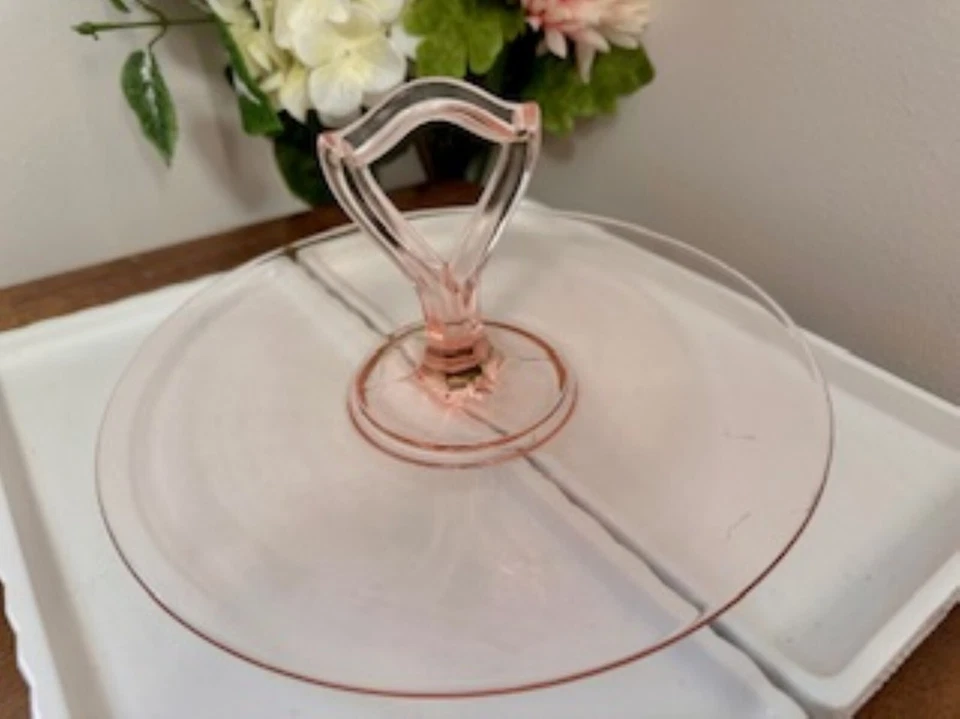 Pink Depression Glass Sandwich Plate – Vintage Handled Serving Tray 1930s Plain - Image 1 of 4