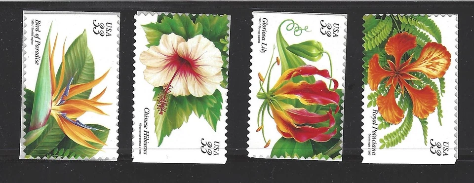 US Scott # 3310 - 3313 / 33c Tropical Flowers, SA Set Of Singles 1999 Issue - Image 1 of 1