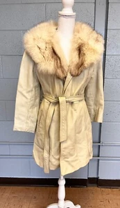Vintage 70's ivory leather & fur trim jacket trench coat - Picture 1 of 15
